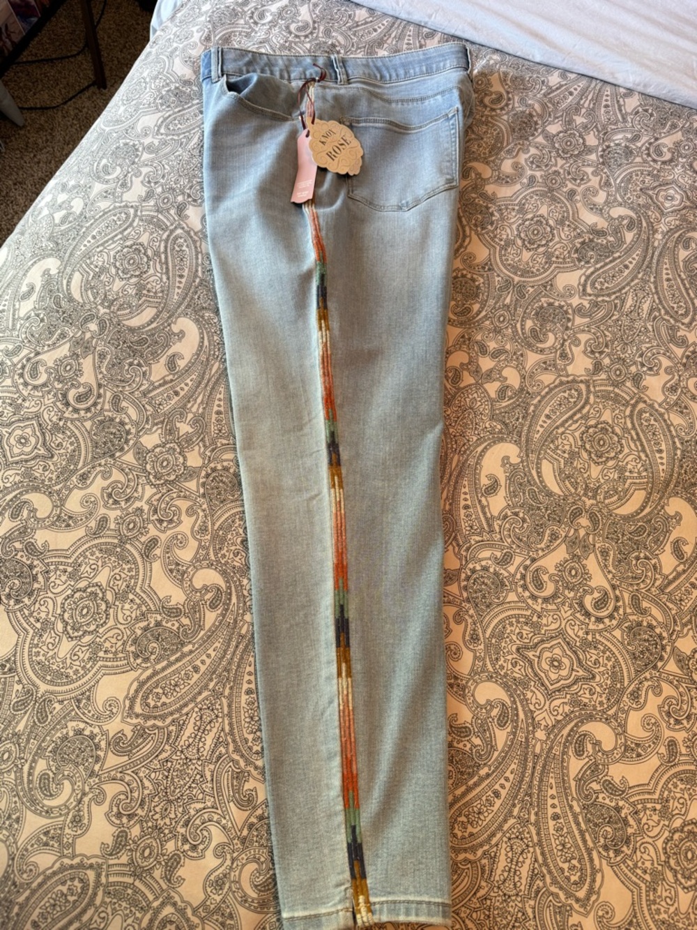 Light Blue Boho Women's Skinny Jeans w/ Colorful Side Detail | Size 14